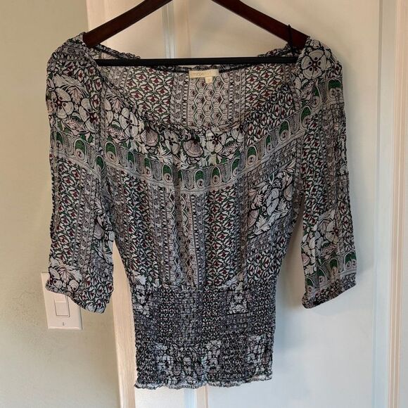 Maje Chiffon Boho Art Nouveau Top - Size 6-8 - Dark Green & Burgundy on - Picture 1 of 5